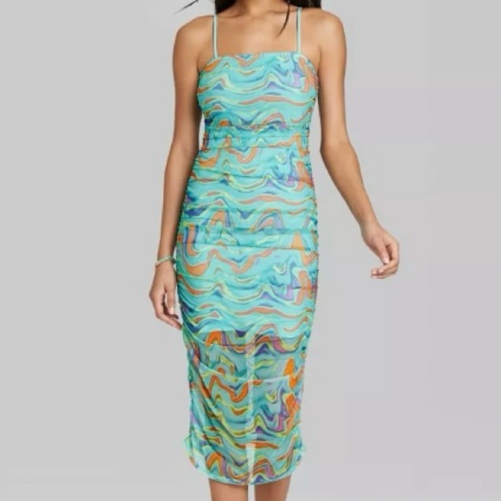 NWT Colorful Ruched Mesh Midi Dress